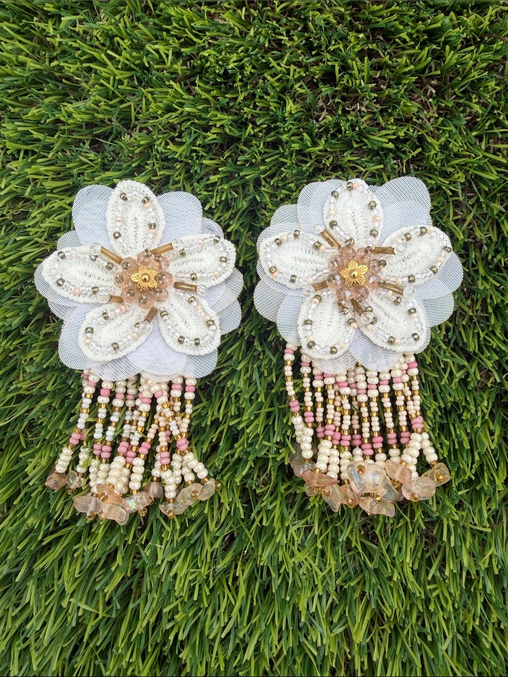 Handmade Beaded White Floral Drop Earrings with Pink and Gold Accents